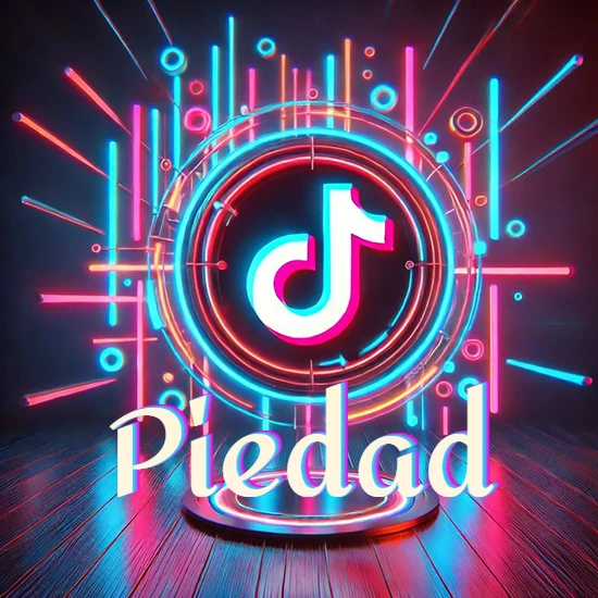 Escenario vibrante iluminado con luces de neón rojas y azules. Círculo de luz central con logotipo de TikTok. Nombre en una base circular iluminada sobre el suelo de madera. Diseño con el nombre Piedad. Escenario vibrante iluminado con luces de neón rojas y azules. Círculo de luz central con logotipo de TikTok. Nombre en una base circular iluminada sobre el suelo de madera. Diseño con el nombre Piedad.