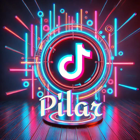 Escenario vibrante iluminado con luces de neón rojas y azules. Círculo de luz central con logotipo de TikTok. Nombre en una base circular iluminada sobre el suelo de madera. Diseño con el nombre Pilar.