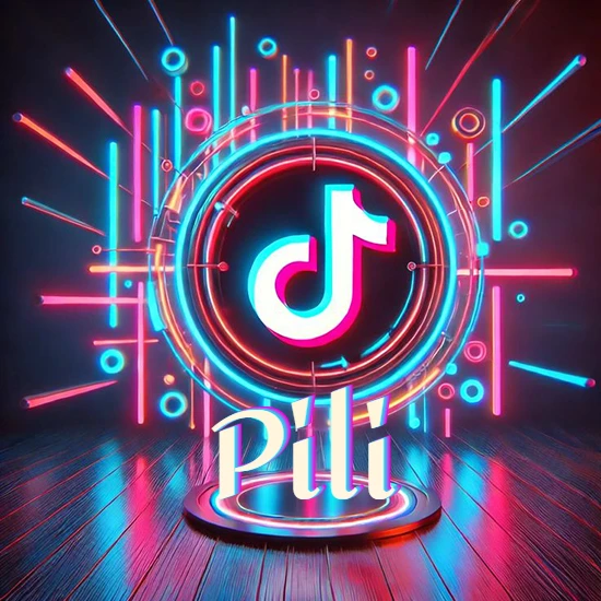 Escenario vibrante iluminado con luces de neón rojas y azules. Círculo de luz central con logotipo de TikTok. Nombre en una base circular iluminada sobre el suelo de madera. Diseño con el nombre Pili.