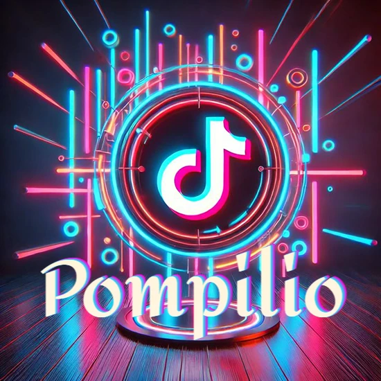 Escenario vibrante iluminado con luces de neón rojas y azules. Círculo de luz central con logotipo de TikTok. Nombre en una base circular iluminada sobre el suelo de madera. Diseño con el nombre Pompilio.