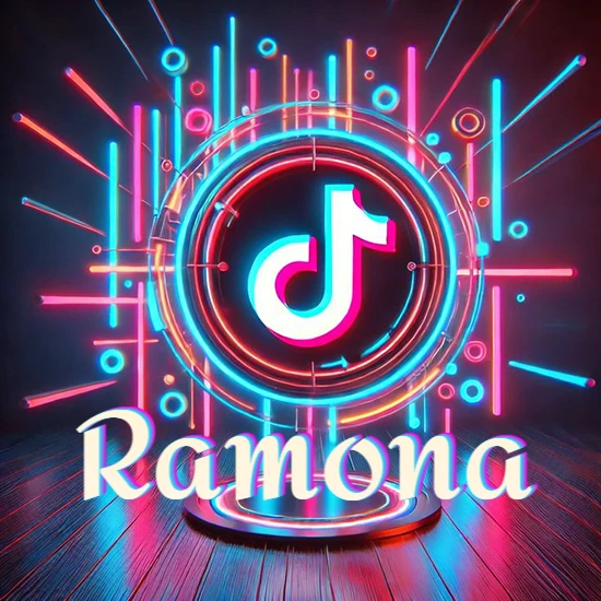 Escenario vibrante iluminado con luces de neón rojas y azules. Círculo de luz central con logotipo de TikTok. Nombre en una base circular iluminada sobre el suelo de madera. Diseño con el nombre Ramona.
