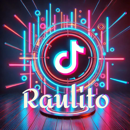 Escenario vibrante iluminado con luces de neón rojas y azules. Círculo de luz central con logotipo de TikTok. Nombre en una base circular iluminada sobre el suelo de madera. Diseño con el nombre Raulito.