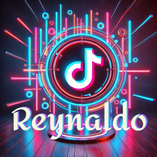 Escenario vibrante iluminado con luces de neón rojas y azules. Círculo de luz central con logotipo de TikTok. Nombre en una base circular iluminada sobre el suelo de madera. Diseño con el nombre Reynaldo.