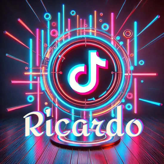 Escenario vibrante iluminado con luces de neón rojas y azules. Círculo de luz central con logotipo de TikTok. Nombre en una base circular iluminada sobre el suelo de madera. Diseño con el nombre Ricardo.