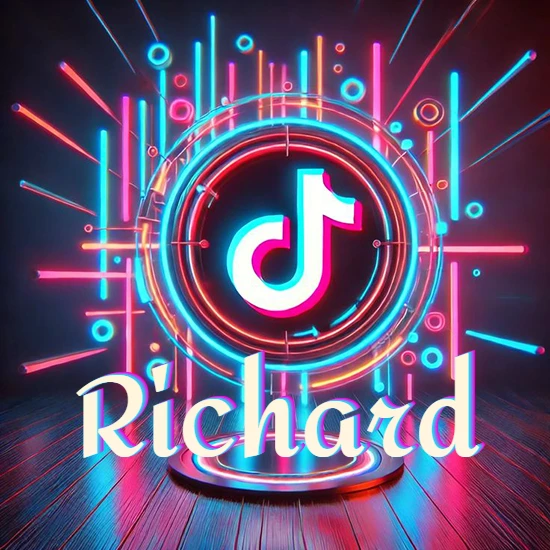 Escenario vibrante iluminado con luces de neón rojas y azules. Círculo de luz central con logotipo de TikTok. Nombre en una base circular iluminada sobre el suelo de madera. Diseño con el nombre Richard.