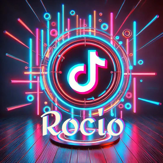 Escenario vibrante iluminado con luces de neón rojas y azules. Círculo de luz central con logotipo de TikTok. Nombre en una base circular iluminada sobre el suelo de madera. Diseño con el nombre Rocio.