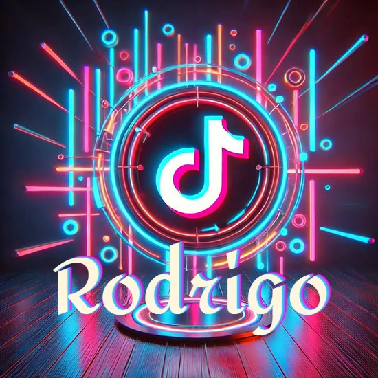 Escenario vibrante iluminado con luces de neón rojas y azules. Círculo de luz central con logotipo de TikTok. Nombre en una base circular iluminada sobre el suelo de madera. Diseño con el nombre Rodrigo. Escenario vibrante iluminado con luces de neón rojas y azules. Círculo de luz central con logotipo de TikTok. Nombre en una base circular iluminada sobre el suelo de madera. Diseño con el nombre Rodrigo.
