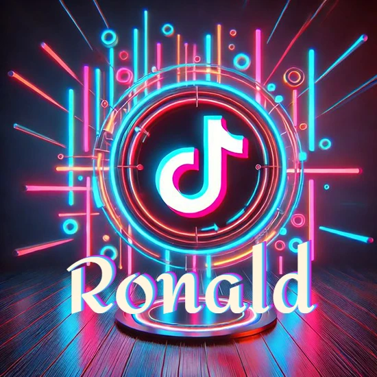 Escenario vibrante iluminado con luces de neón rojas y azules. Círculo de luz central con logotipo de TikTok. Nombre en una base circular iluminada sobre el suelo de madera. Diseño con el nombre Ronald.