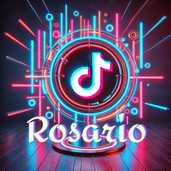 Escenario vibrante iluminado con luces de neón rojas y azules. Círculo de luz central con logotipo de TikTok. Nombre en una base circular iluminada sobre el suelo de madera. Diseño con el nombre Rosario.