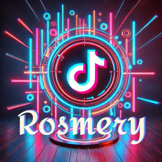 Escenario vibrante iluminado con luces de neón rojas y azules. Círculo de luz central con logotipo de TikTok. Nombre en una base circular iluminada sobre el suelo de madera. Diseño con el nombre Rosmery.