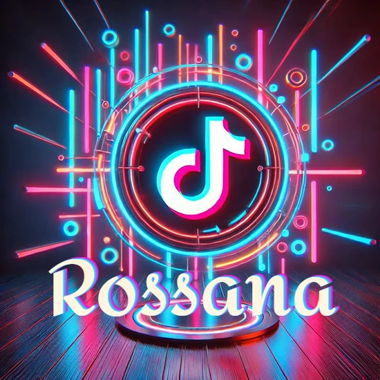 Escenario vibrante iluminado con luces de neón rojas y azules. Círculo de luz central con logotipo de TikTok. Nombre en una base circular iluminada sobre el suelo de madera. Diseño con el nombre Rossana.