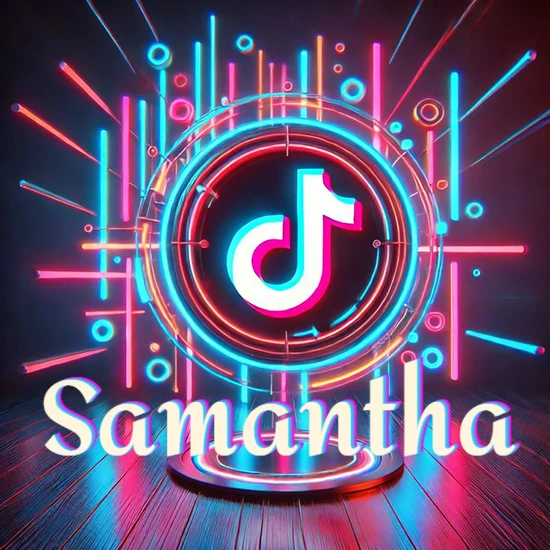 Escenario vibrante iluminado con luces de neón rojas y azules. Círculo de luz central con logotipo de TikTok. Nombre en una base circular iluminada sobre el suelo de madera. Diseño con el nombre Samantha.