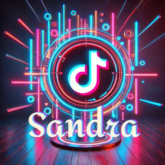 Escenario vibrante iluminado con luces de neón rojas y azules. Círculo de luz central con logotipo de TikTok. Nombre en una base circular iluminada sobre el suelo de madera. Diseño con el nombre Sandra.