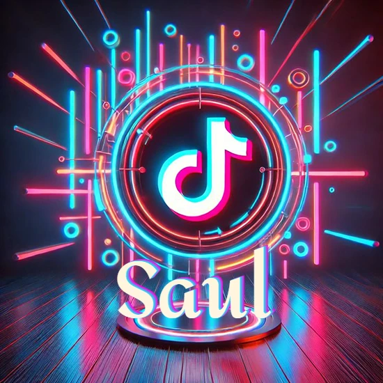 Escenario vibrante iluminado con luces de neón rojas y azules. Círculo de luz central con logotipo de TikTok. Nombre en una base circular iluminada sobre el suelo de madera. Diseño con el nombre Saul.