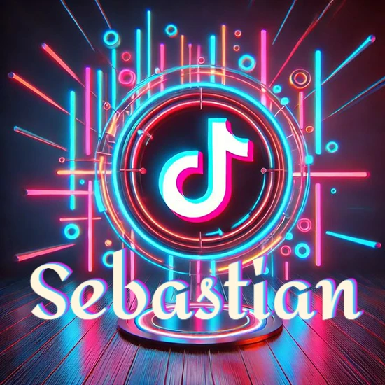 Escenario vibrante iluminado con luces de neón rojas y azules. Círculo de luz central con logotipo de TikTok. Nombre en una base circular iluminada sobre el suelo de madera. Diseño con el nombre Sebastian.