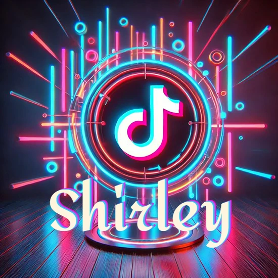 Escenario vibrante iluminado con luces de neón rojas y azules. Círculo de luz central con logotipo de TikTok. Nombre en una base circular iluminada sobre el suelo de madera. Diseño con el nombre Shirley.