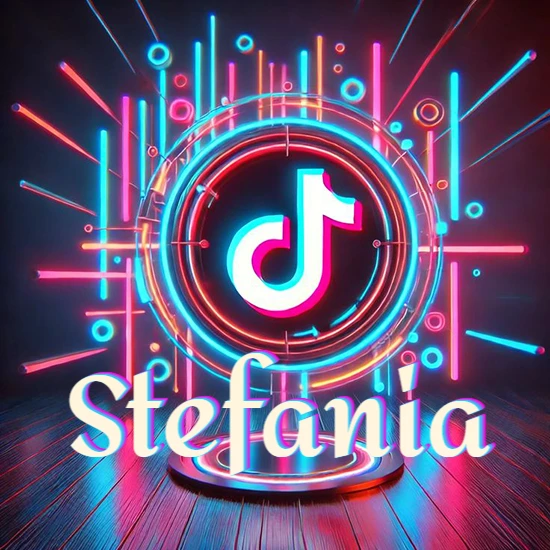 Escenario vibrante iluminado con luces de neón rojas y azules. Círculo de luz central con logotipo de TikTok. Nombre en una base circular iluminada sobre el suelo de madera. Diseño con el nombre Stefania.