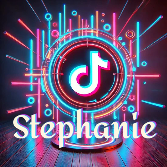 Escenario vibrante iluminado con luces de neón rojas y azules. Círculo de luz central con logotipo de TikTok. Nombre en una base circular iluminada sobre el suelo de madera. Diseño con el nombre Stephanie.