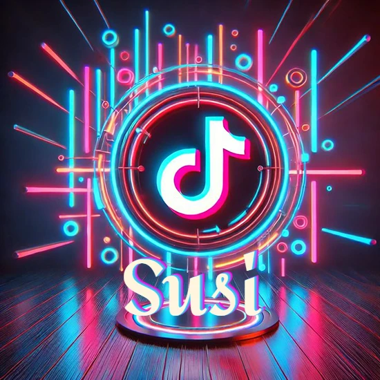 Escenario vibrante iluminado con luces de neón rojas y azules. Círculo de luz central con logotipo de TikTok. Nombre en una base circular iluminada sobre el suelo de madera. Diseño con el nombre Susi. Escenario vibrante iluminado con luces de neón rojas y azules. Círculo de luz central con logotipo de TikTok. Nombre en una base circular iluminada sobre el suelo de madera. Diseño con el nombre Susi.