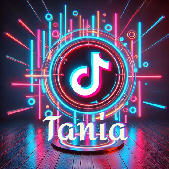 Escenario vibrante iluminado con luces de neón rojas y azules. Círculo de luz central con logotipo de TikTok. Nombre en una base circular iluminada sobre el suelo de madera. Diseño con el nombre Tania.