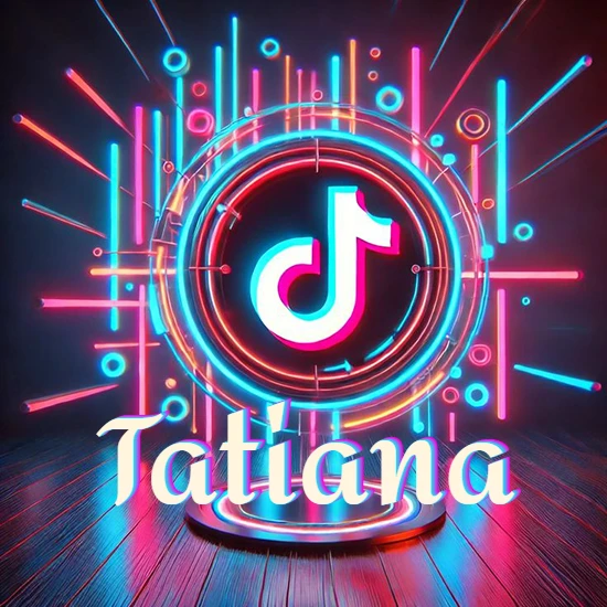 Escenario vibrante iluminado con luces de neón rojas y azules. Círculo de luz central con logotipo de TikTok. Nombre en una base circular iluminada sobre el suelo de madera. Diseño con el nombre Tatiana.