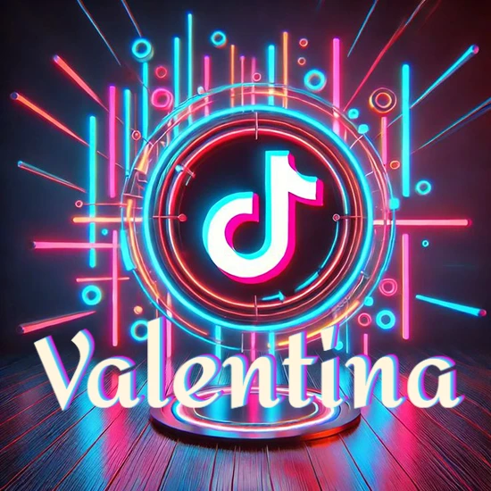 Escenario vibrante iluminado con luces de neón rojas y azules. Círculo de luz central con logotipo de TikTok. Nombre en una base circular iluminada sobre el suelo de madera. Diseño con el nombre Valentina.