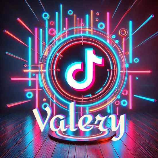 Escenario vibrante iluminado con luces de neón rojas y azules. Círculo de luz central con logotipo de TikTok. Nombre en una base circular iluminada sobre el suelo de madera. Diseño con el nombre Valery.