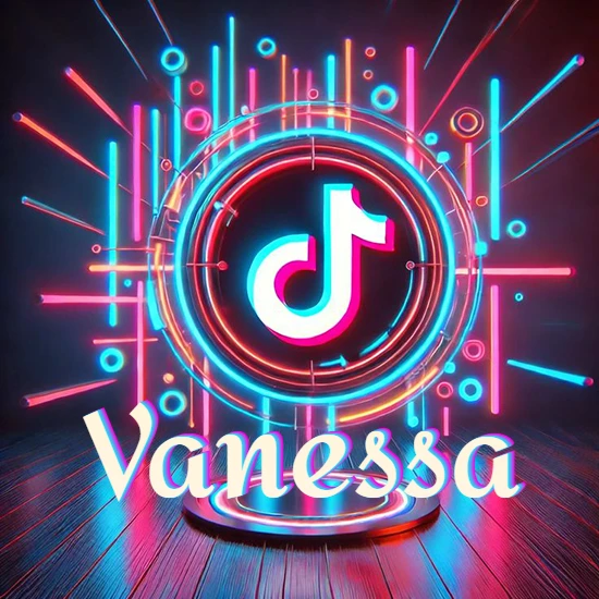 Escenario vibrante iluminado con luces de neón rojas y azules. Círculo de luz central con logotipo de TikTok. Nombre en una base circular iluminada sobre el suelo de madera. Diseño con el nombre Vanessa. Escenario vibrante iluminado con luces de neón rojas y azules. Círculo de luz central con logotipo de TikTok. Nombre en una base circular iluminada sobre el suelo de madera. Diseño con el nombre Vanessa.