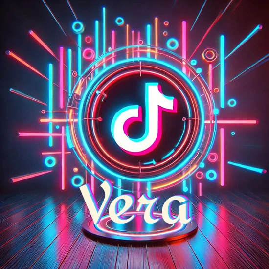 Escenario vibrante iluminado con luces de neón rojas y azules. Círculo de luz central con logotipo de TikTok. Nombre en una base circular iluminada sobre el suelo de madera. Diseño con el nombre Vera. Escenario vibrante iluminado con luces de neón rojas y azules. Círculo de luz central con logotipo de TikTok. Nombre en una base circular iluminada sobre el suelo de madera. Diseño con el nombre Vera.