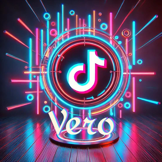Escenario vibrante iluminado con luces de neón rojas y azules. Círculo de luz central con logotipo de TikTok. Nombre en una base circular iluminada sobre el suelo de madera. Diseño con el nombre Vero. Escenario vibrante iluminado con luces de neón rojas y azules. Círculo de luz central con logotipo de TikTok. Nombre en una base circular iluminada sobre el suelo de madera. Diseño con el nombre Vero.