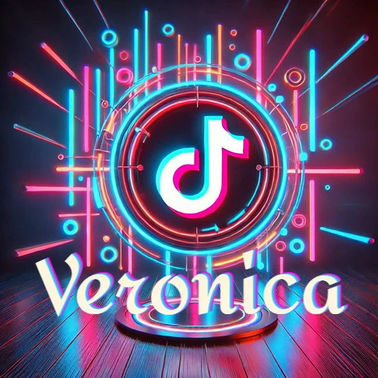 Escenario vibrante iluminado con luces de neón rojas y azules. Círculo de luz central con logotipo de TikTok. Nombre en una base circular iluminada sobre el suelo de madera. Diseño con el nombre Veronica.