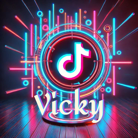 Escenario vibrante iluminado con luces de neón rojas y azules. Círculo de luz central con logotipo de TikTok. Nombre en una base circular iluminada sobre el suelo de madera. Diseño con el nombre Vicky.