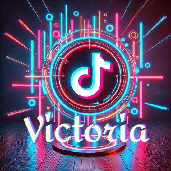 Escenario vibrante iluminado con luces de neón rojas y azules. Círculo de luz central con logotipo de TikTok. Nombre en una base circular iluminada sobre el suelo de madera. Diseño con el nombre Victoria.