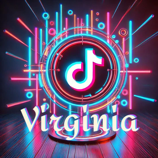 Escenario vibrante iluminado con luces de neón rojas y azules. Círculo de luz central con logotipo de TikTok. Nombre en una base circular iluminada sobre el suelo de madera. Diseño con el nombre Virginia.