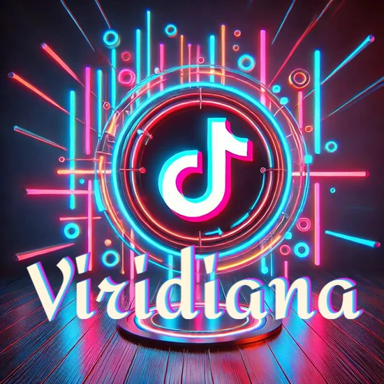 Escenario vibrante iluminado con luces de neón rojas y azules. Círculo de luz central con logotipo de TikTok. Nombre en una base circular iluminada sobre el suelo de madera. Diseño con el nombre Viridiana.