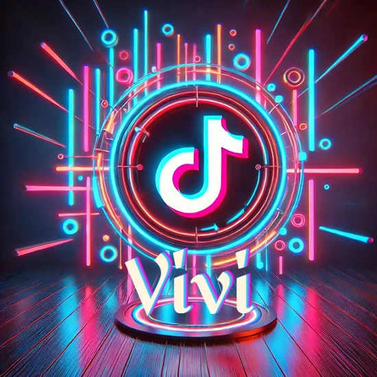 Escenario vibrante iluminado con luces de neón rojas y azules. Círculo de luz central con logotipo de TikTok. Nombre en una base circular iluminada sobre el suelo de madera. Diseño con el nombre Vivi.