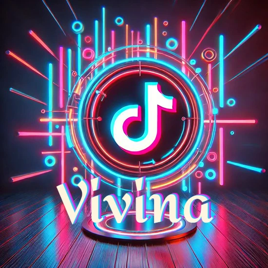 Escenario vibrante iluminado con luces de neón rojas y azules. Círculo de luz central con logotipo de TikTok. Nombre en una base circular iluminada sobre el suelo de madera. Diseño con el nombre Vivina.