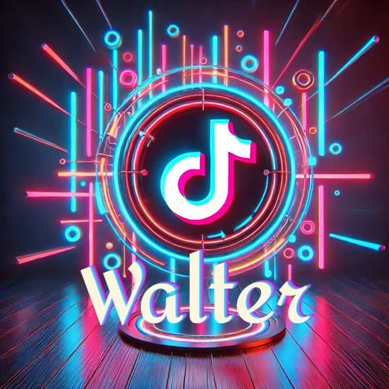 Escenario vibrante iluminado con luces de neón rojas y azules. Círculo de luz central con logotipo de TikTok. Nombre en una base circular iluminada sobre el suelo de madera. Diseño con el nombre Walter. Escenario vibrante iluminado con luces de neón rojas y azules. Círculo de luz central con logotipo de TikTok. Nombre en una base circular iluminada sobre el suelo de madera. Diseño con el nombre Walter.