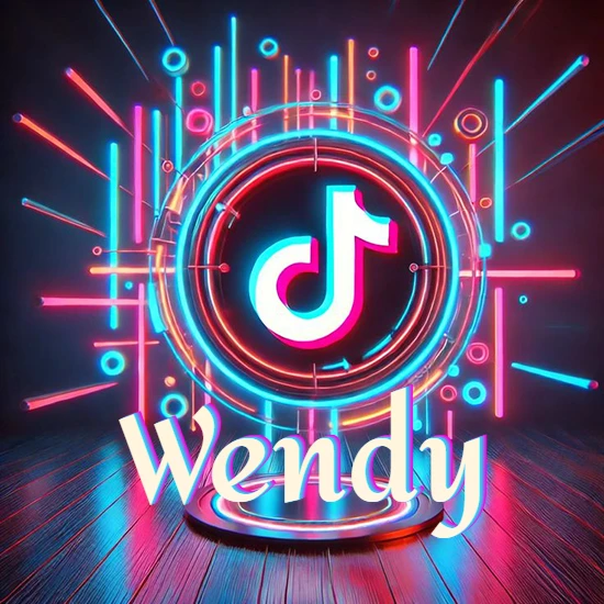 Escenario vibrante iluminado con luces de neón rojas y azules. Círculo de luz central con logotipo de TikTok. Nombre en una base circular iluminada sobre el suelo de madera. Diseño con el nombre Wendy.