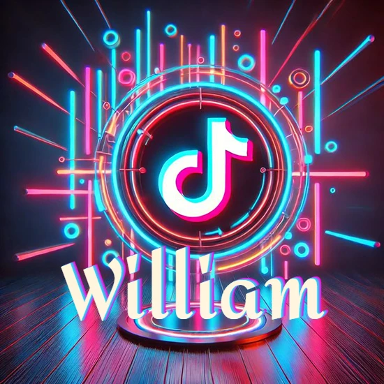 Escenario vibrante iluminado con luces de neón rojas y azules. Círculo de luz central con logotipo de TikTok. Nombre en una base circular iluminada sobre el suelo de madera. Diseño con el nombre William. Escenario vibrante iluminado con luces de neón rojas y azules. Círculo de luz central con logotipo de TikTok. Nombre en una base circular iluminada sobre el suelo de madera. Diseño con el nombre William.