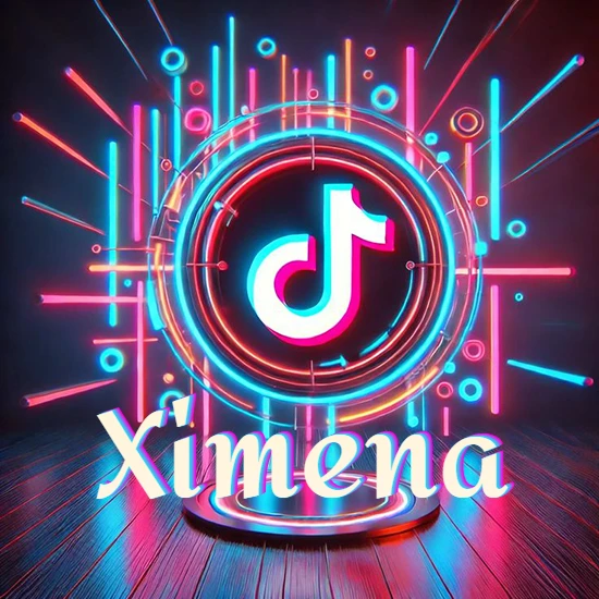 Escenario vibrante iluminado con luces de neón rojas y azules. Círculo de luz central con logotipo de TikTok. Nombre en una base circular iluminada sobre el suelo de madera. Diseño con el nombre Ximena. Escenario vibrante iluminado con luces de neón rojas y azules. Círculo de luz central con logotipo de TikTok. Nombre en una base circular iluminada sobre el suelo de madera. Diseño con el nombre Ximena.