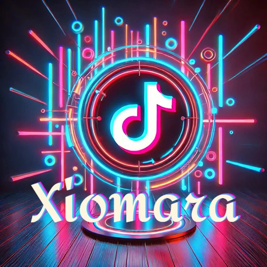 Escenario vibrante iluminado con luces de neón rojas y azules. Círculo de luz central con logotipo de TikTok. Nombre en una base circular iluminada sobre el suelo de madera. Diseño con el nombre Xiomara.