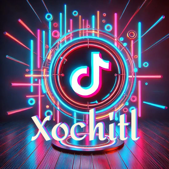 Escenario vibrante iluminado con luces de neón rojas y azules. Círculo de luz central con logotipo de TikTok. Nombre en una base circular iluminada sobre el suelo de madera. Diseño con el nombre Xochitl.