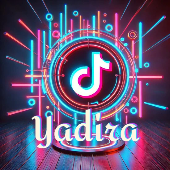 Escenario vibrante iluminado con luces de neón rojas y azules. Círculo de luz central con logotipo de TikTok. Nombre en una base circular iluminada sobre el suelo de madera. Diseño con el nombre Yadira.