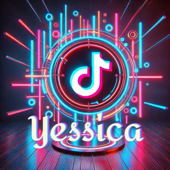 Escenario vibrante iluminado con luces de neón rojas y azules. Círculo de luz central con logotipo de TikTok. Nombre en una base circular iluminada sobre el suelo de madera. Diseño con el nombre Yessica.