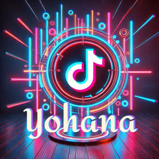 Escenario vibrante iluminado con luces de neón rojas y azules. Círculo de luz central con logotipo de TikTok. Nombre en una base circular iluminada sobre el suelo de madera. Diseño con el nombre Yohana.