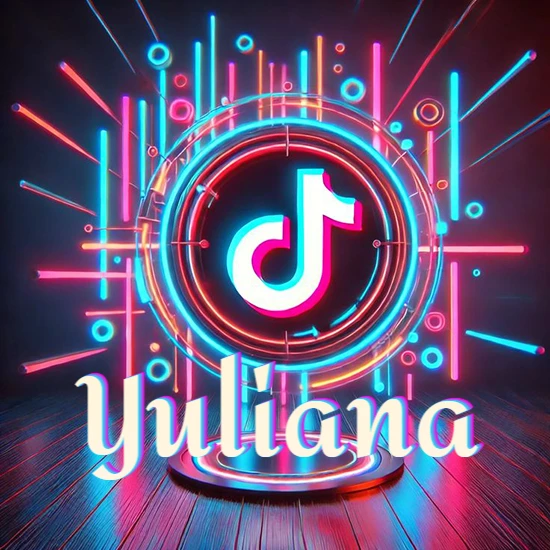 Escenario vibrante iluminado con luces de neón rojas y azules. Círculo de luz central con logotipo de TikTok. Nombre en una base circular iluminada sobre el suelo de madera. Diseño con el nombre Yuliana. Escenario vibrante iluminado con luces de neón rojas y azules. Círculo de luz central con logotipo de TikTok. Nombre en una base circular iluminada sobre el suelo de madera. Diseño con el nombre Yuliana.