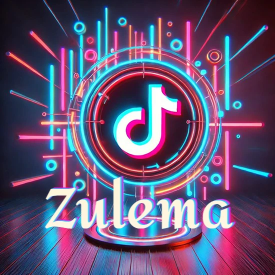 Escenario vibrante iluminado con luces de neón rojas y azules. Círculo de luz central con logotipo de TikTok. Nombre en una base circular iluminada sobre el suelo de madera. Diseño con el nombre Zulema.