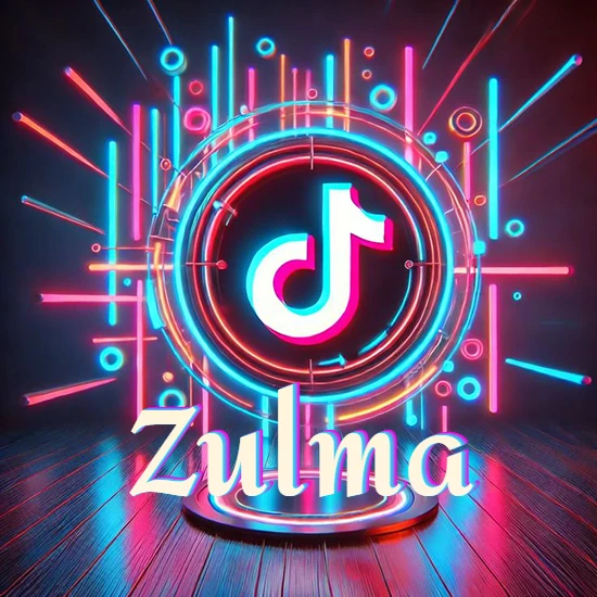 Escenario vibrante iluminado con luces de neón rojas y azules. Círculo de luz central con logotipo de TikTok. Nombre en una base circular iluminada sobre el suelo de madera. Diseño con el nombre Zulma.