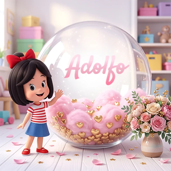 Niña pequeña con cabello negro corto, corbata roja, camisa a rayas rojas y blancas, y falda azul. Saluda sonriente junto a una gran bola de cristal llena de nubes de algodón rosa y corazones dorados. Texto elegante rosa con el nombre Adolfo.